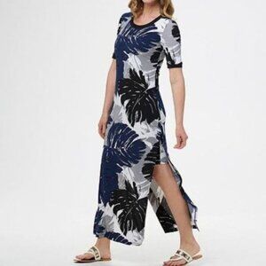 G.I.L.I | Women's Jetsetter Short Sleeve Side Slit Leaf Print Maxi Dress